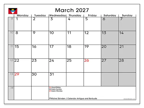 Printable March 2027 calendar - Antigua and Barbuda