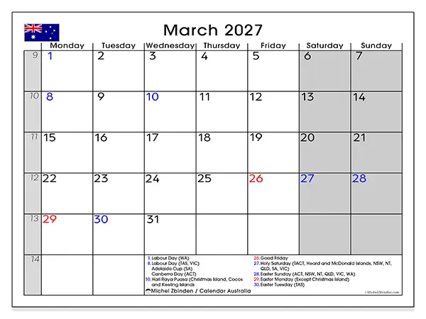 Printable March 2027 calendar - Australia