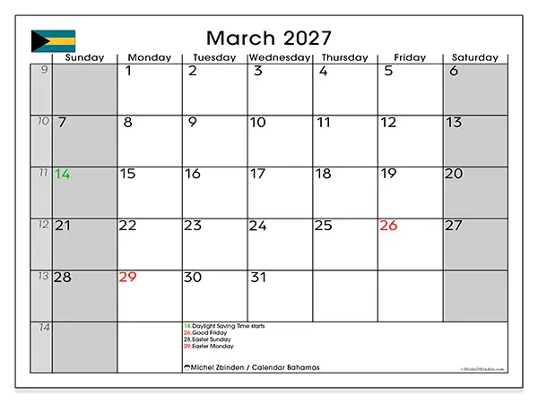 Printable March 2027 calendar - Bahamas