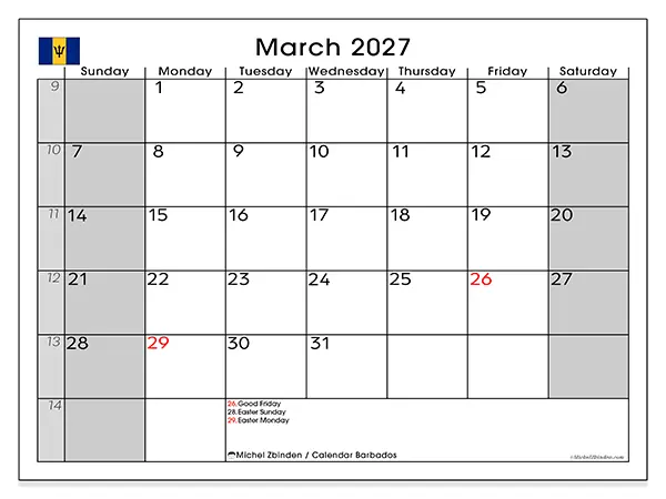 Printable March 2027 calendar - Barbados