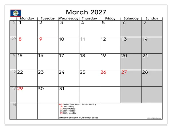 Printable March 2027 calendar - Belize