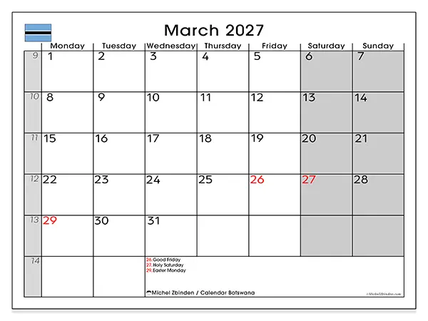 Printable March 2027 calendar - Botswana