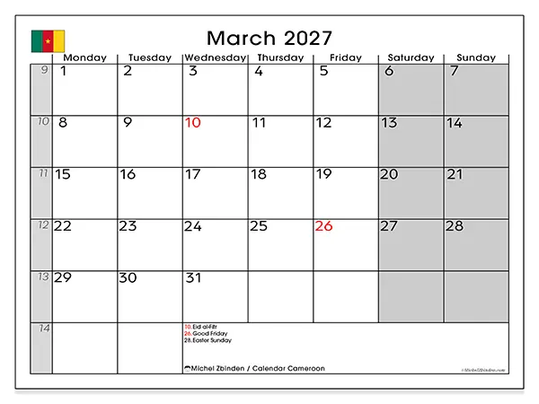 Printable March 2027 calendar - Cameroon