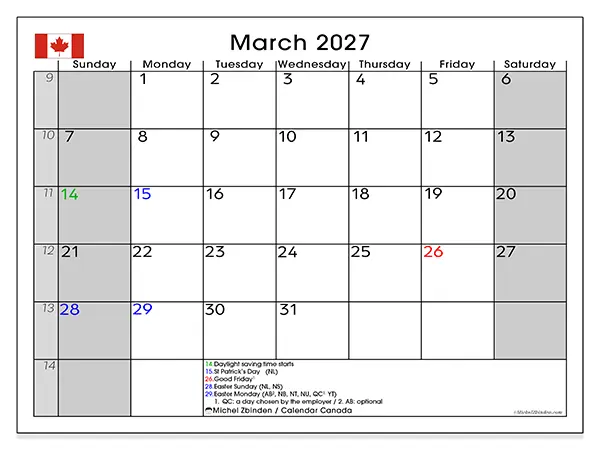 Printable March 2027 calendar - Canada