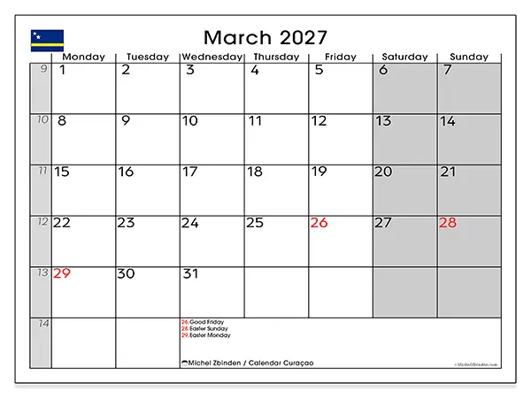 Printable March 2027 calendar - Curaçao