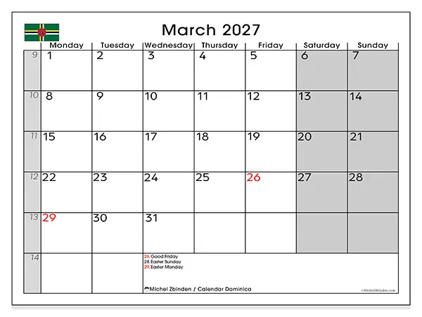 Printable March 2027 calendar - Dominica