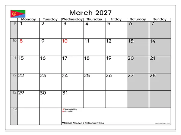 Printable March 2027 calendar - Eritrea