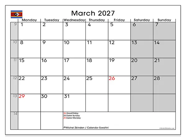 Printable March 2027 calendar - Eswatini