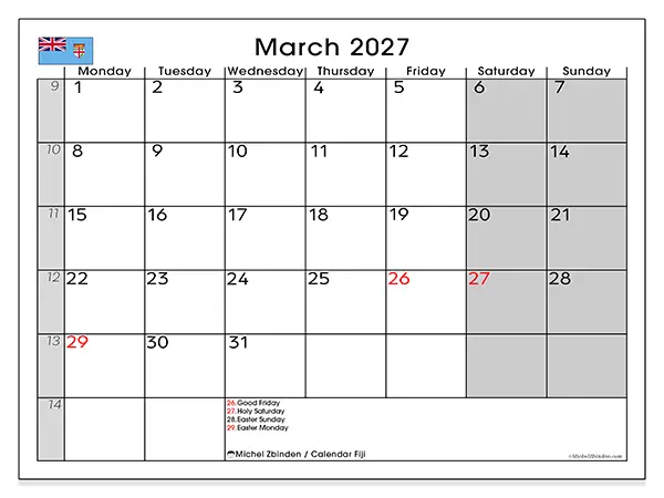 Printable March 2027 calendar - Fiji