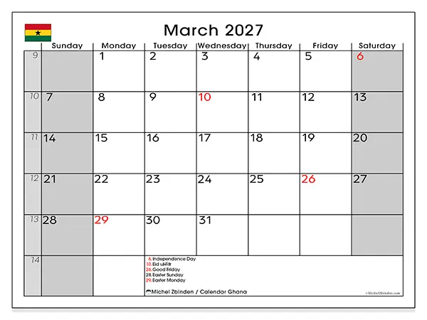 Printable March 2027 calendar - Ghana