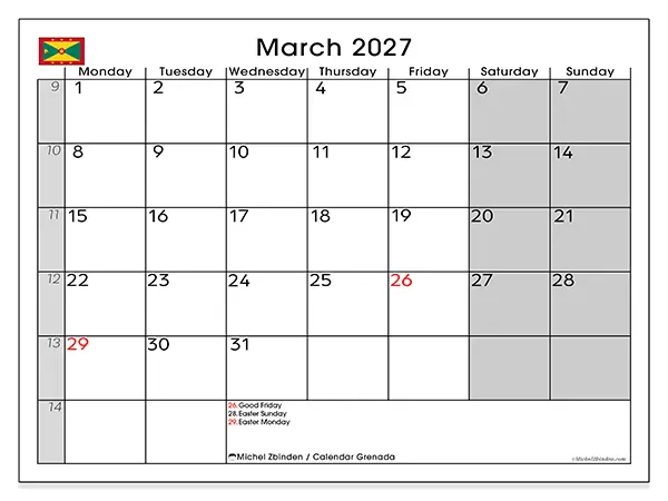 Printable March 2027 calendar - Grenada