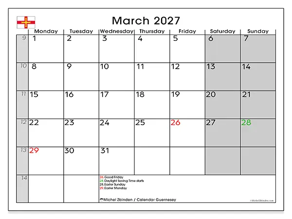 Printable March 2027 calendar - Guernsey