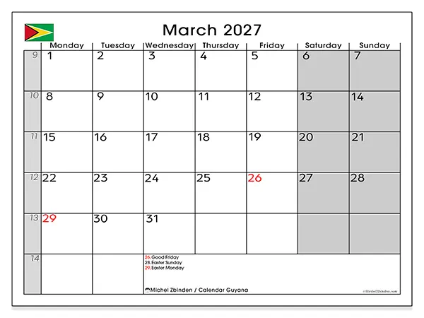 Printable March 2027 calendar - Guyana