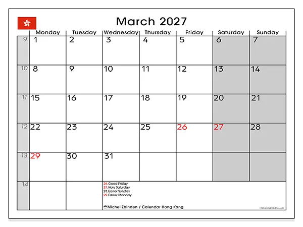Printable March 2027 calendar - Hong Kong