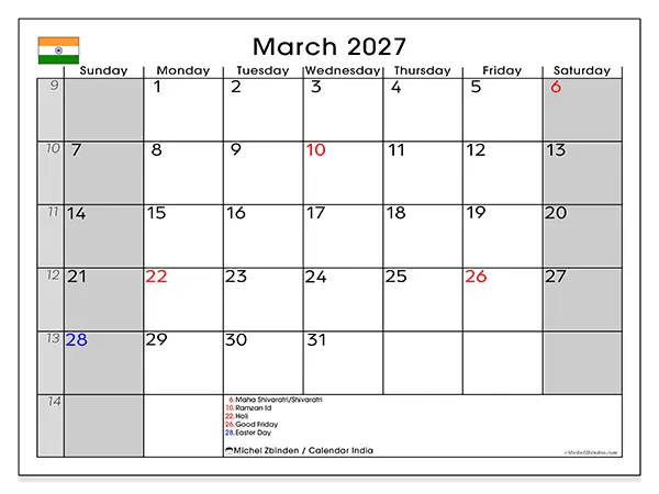 Printable March 2027 calendar - India