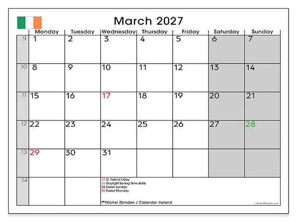 Printable March 2027 calendar - Ireland