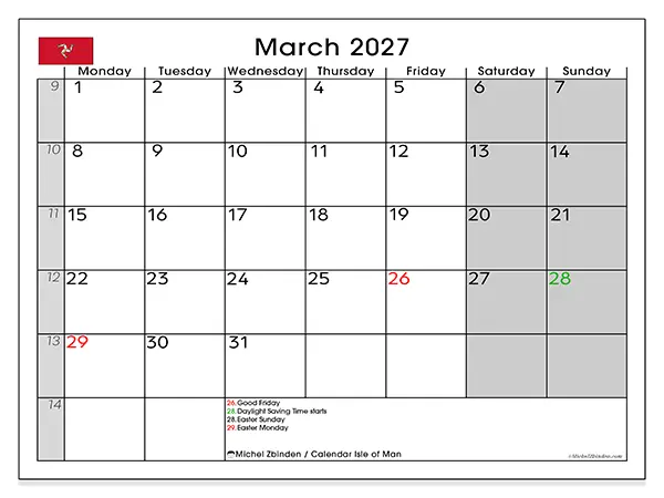 Printable March 2027 calendar - Isle of Man