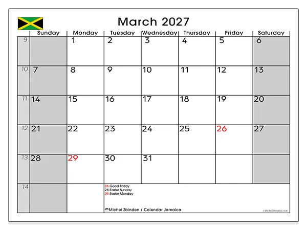 Printable March 2027 calendar - Jamaica