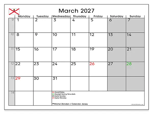 Printable March 2027 calendar - Jersey