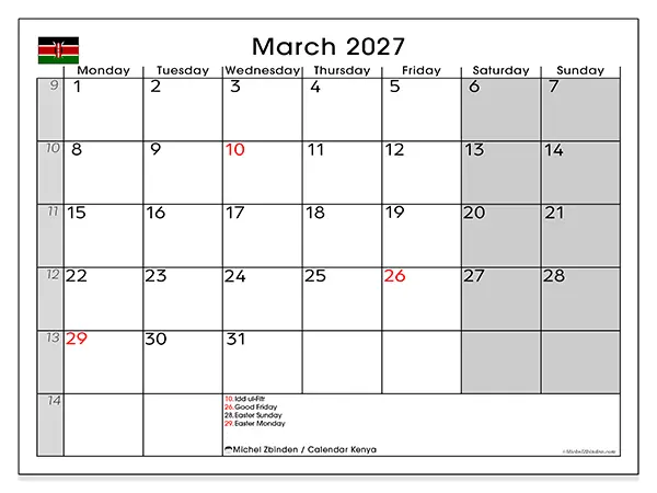 Printable March 2027 calendar - Kenya