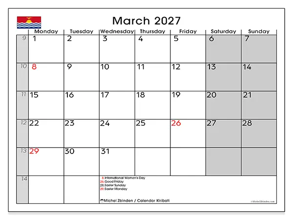 Printable March 2027 calendar - Kiribati