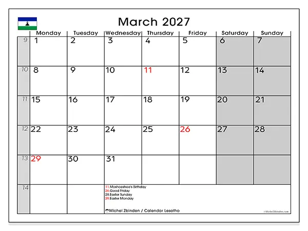 Printable March 2027 calendar - Lesotho