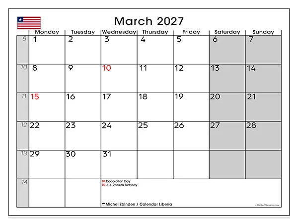 Printable March 2027 calendar - Liberia