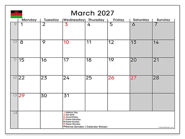 Printable March 2027 calendar - Malawi