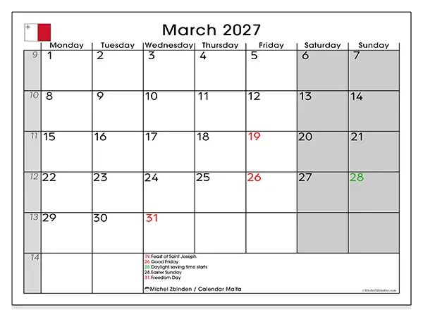 Printable March 2027 calendar - Malta