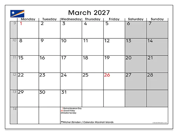Printable March 2027 calendar - Marshall Islands