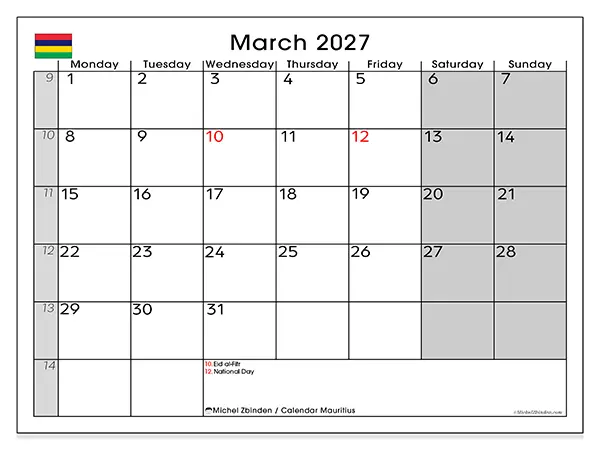Printable March 2027 calendar - Mauritius