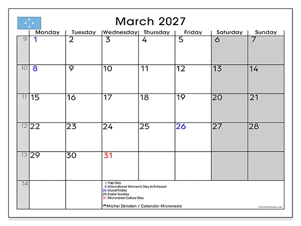 Printable March 2027 calendar - Micronesia