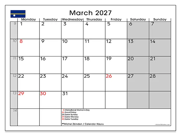 Printable March 2027 calendar - Nauru