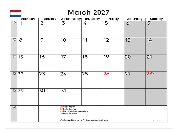 Printable March 2027 calendar - Netherlands