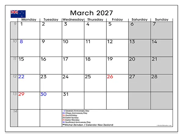 Printable March 2027 calendar - New Zealand