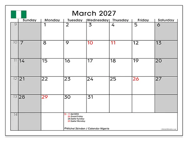 Printable March 2027 calendar - Nigeria