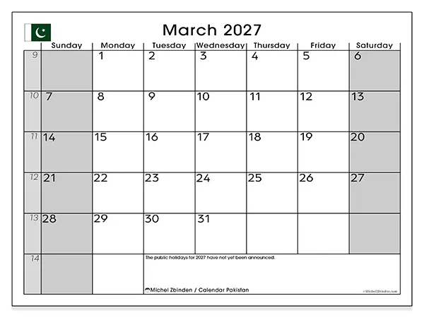 Printable March 2027 calendar - Pakistan