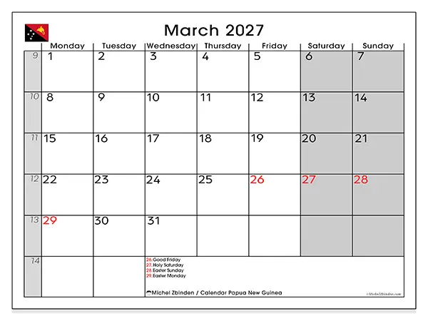 Printable March 2027 calendar - Papua New Guinea