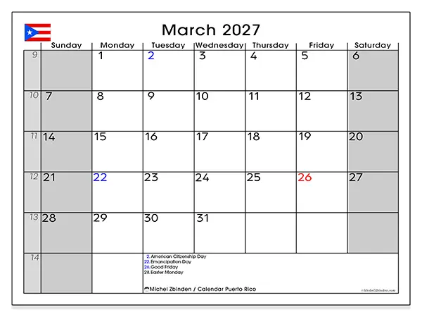 Printable March 2027 calendar - Puerto Rico