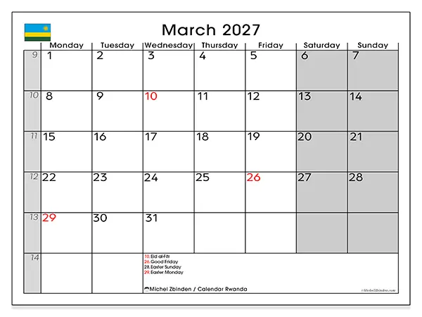 Printable March 2027 calendar - Rwanda