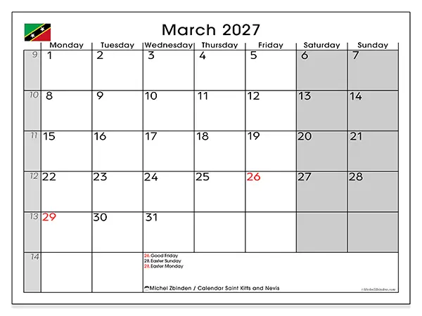 Printable March 2027 calendar - Saint Kitts and Nevis