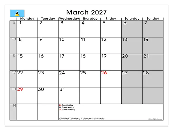 Printable March 2027 calendar - Saint Lucia