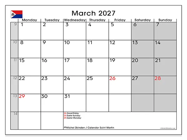 Printable March 2027 calendar - Saint Martin