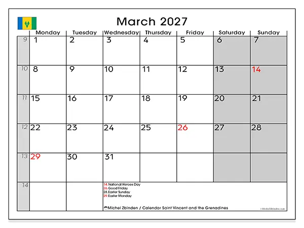 Printable March 2027 calendar - Saint Vincent and the Grenadines