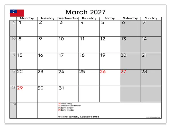 Printable March 2027 calendar - Samoa