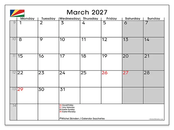 Printable March 2027 calendar - Seychelles