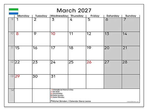 Printable March 2027 calendar - Sierra Leone