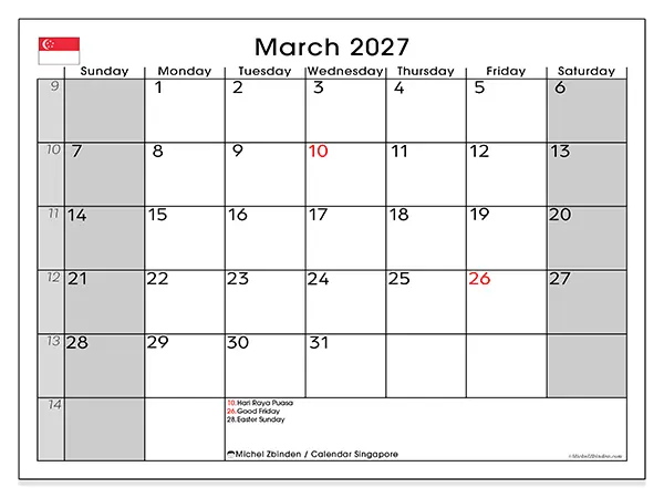 Printable March 2027 calendar - Singapore