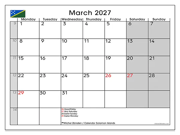 Printable March 2027 calendar - Solomon Islands