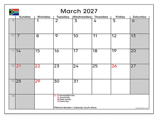 Printable March 2027 calendar - South Africa